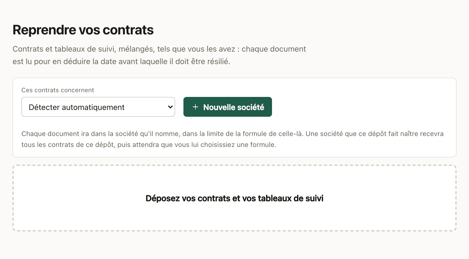L'écran de reprise : le choix de la société de destination, puis le cadre où déposer les fichiers.